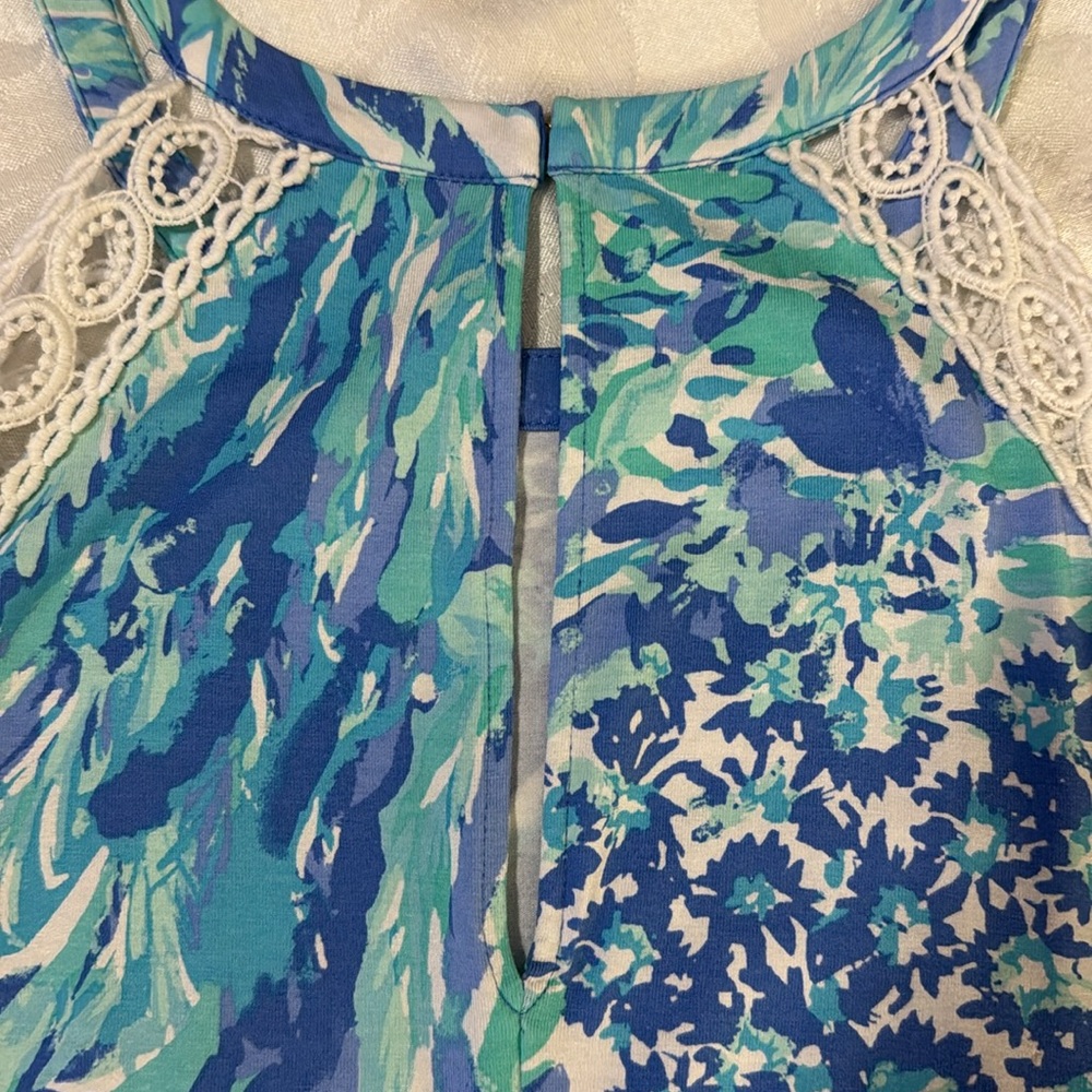 Lilly Pulitzer Blue Green Printed Lace-Trim Halter Romper - Picture 4 of 8
